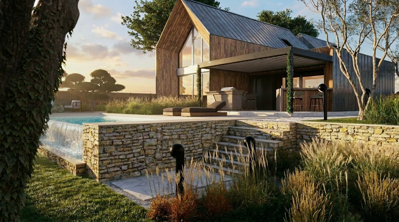 Rendu 3D vue ensemble aménagement extérieur Bretagne · studio 3D Rennes